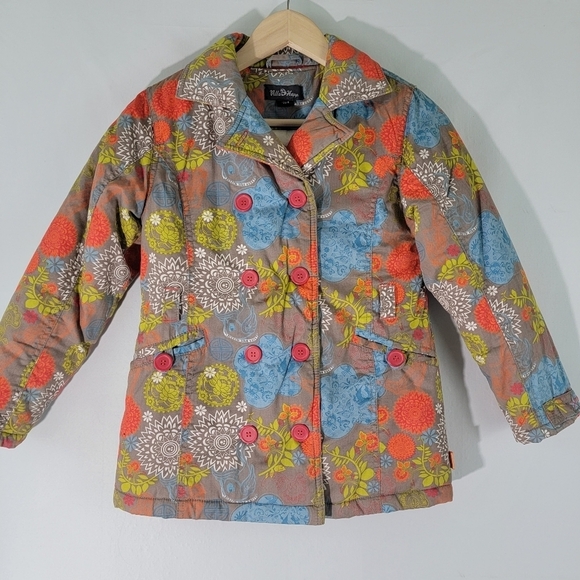 Villa Happ Girls Orange Floral Bomber Jacket Sz 8 Double Breasted Quilted Line - Picture 12 of 12